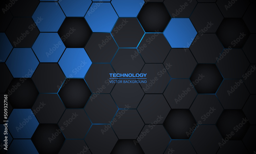 Aufkleber Dark gray and blue hexagonal technology abstract vector background. Blue flashes under hexagon in modern futuristic technology background. Dark gray honeycomb texture grid. Vector illustration