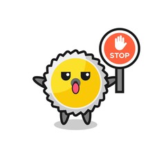 saw blade character illustration holding a stop sign