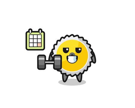 saw blade mascot cartoon doing fitness with dumbbell