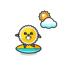 Illustration of saw blade cartoon do surfing on the beach