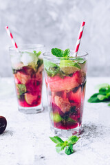 Summer refreshing drink with rhubarb, lemon and mint