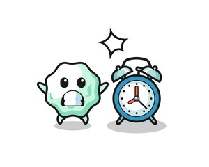 Cartoon Illustration of chewing gum is surprised with a giant alarm clock