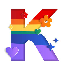 K Alphabet Character Font Letter Abstract White Lively Flower Heart Sparkle Shine Pride Month LGBTQIA+ Rainbow ​Colorful Red Orange Yellow Green Blue Violet 3D Paper Cutout Card Vector Illustration