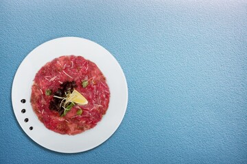 Appetizers with different, charcuterie,  sausage, meat and sauce. Top view
