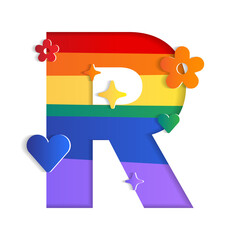 R Alphabet Character Font Letter Abstract White Lively Flower Heart Sparkle Shine Pride Month LGBTQIA+ Rainbow ​Colorful Red Orange Yellow Green Blue Violet 3D Paper Cutout Card Vector Illustration