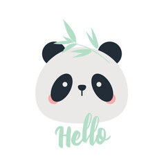 Vector cute poster with panda on white background. Kawaii panda, inscription hello, bamboo branch. Print for children's wallpaper, baby clothes, phone case, textiles, poster on the wall. Drawn by hand © YUSI_DESIGN