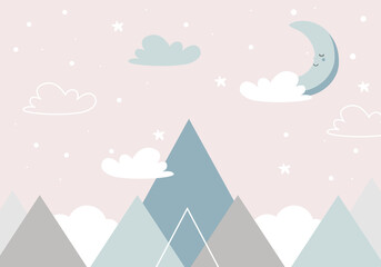 Obraz premium Mountains, moon and clouds in dusty pastel colors. For baby wallpapers, decor, web banners, posters. Vector illustration. Children's wallpaper. Hand drawn in scandinavian style. Mountain landscape.