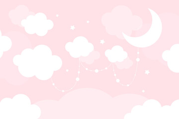 Vector hand drawn cute wallpaper with clouds, stars and moon on pink background. Wallpaper for a little princess. 3D Wallpaper.