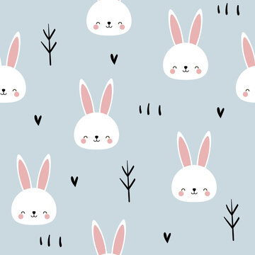 Seamless pattern with kawaii bunny, hearts and trees. Hand drawn in doodle style. For decoration in a nursery, wallpaper, textiles, baby clothes. On a blue background. Easter Bunny.
