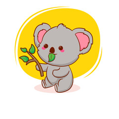 Cute koala bear eats leaves. Cartoon mascot illustration