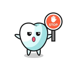 tooth character illustration holding a stop sign