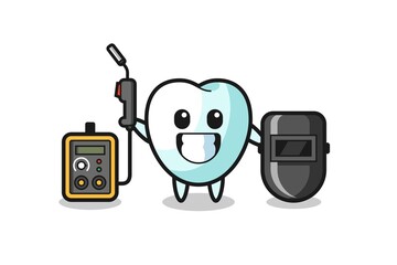 Character mascot of tooth as a welder