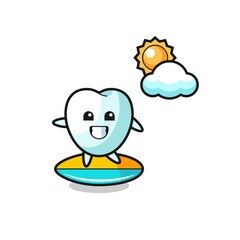 Illustration of tooth cartoon do surfing on the beach