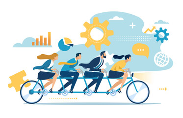 Teamwork. Chasing for success. The team pedals on a tandem bicycle. Business vector illustration