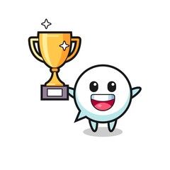 Cartoon Illustration of speech bubble is happy holding up the golden trophy