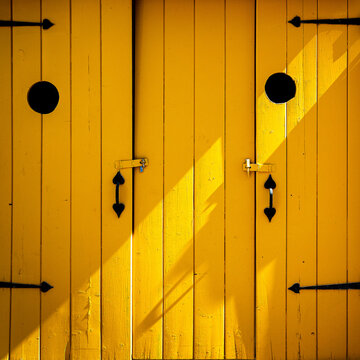 Outdoor closed wooden house colorful bright yellow symmetrical high-resolution image