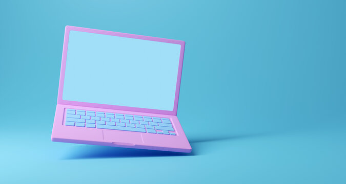 Pink laptop on blue background. Two clipping paths included. 3D render. 3D illlustration.