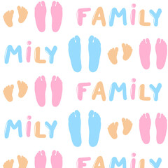 Family footprints seamless pattern isolated on white background. Flat colorful fabric print template.