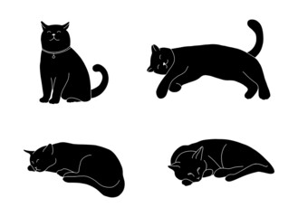Cute cat icon set silhouette isolated on white background. Simple black print with sleeping kitty pets in different poses. Outline doodle style illustration for kids.