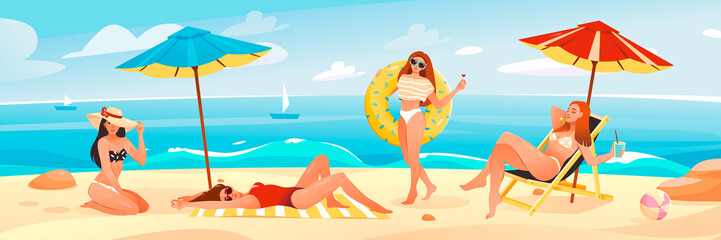 A group of girls are relaxing on the beach, sunbathing and strolling by the ocean. Cartoon characters stand out on a white background