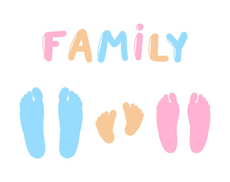 Family footprints isolated on white background vector icon set. Flat colorful baby shower invitation greeting card template. Simple print with barefoot of mother, father and baby. Wall art poster