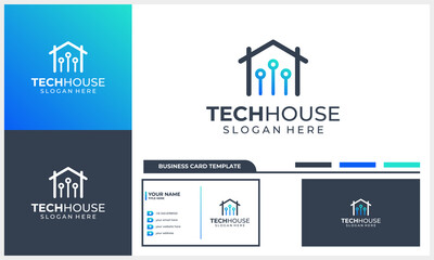 house or home logo with tech symbol logo template with line art style