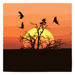 Vectorized image of backlit storks flying from a tree with a gigantic sun in the background.