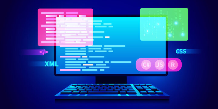 Web development, coding and programming futuristic banner. Computer code on computer.