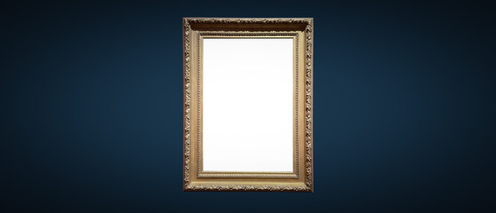 Antique art fair gallery frame on royal blue wall at auction house or museum exhibition, blank...