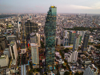 Aerial view of King Power Mahanakhon tower in Sathorn Silom central business district of Bangkok, Thailand