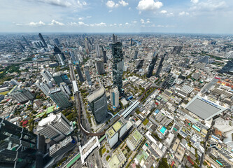 Aerial view of King Power Mahanakhon tower in Sathorn Silom central business district of Bangkok, Thailand