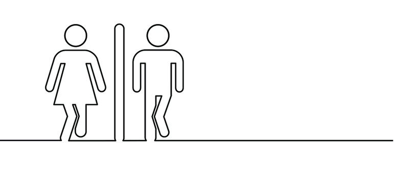 RCartoon Stick Figures Or Stickman And Toilet Logo. Restroom Or Bathroom For Man And Woman To Peeing. Human Toilets. Vector Clean WC Pictogram, Icon Or Sign. 