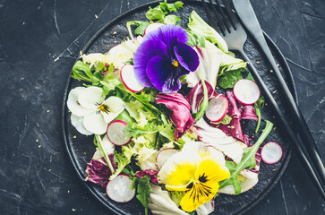 Healthy salad with green and purple lettuce and edible flowers