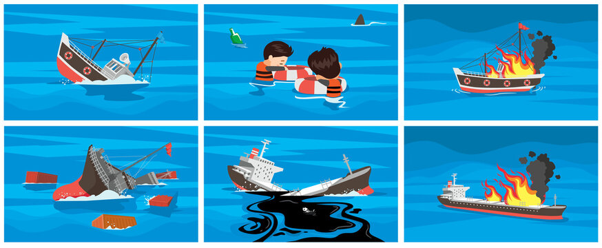 marine accident vector illustration, a ship suffered an accident sinking into the sea.