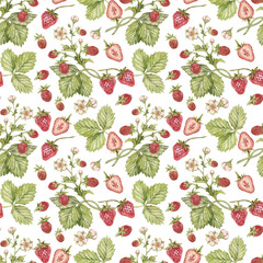 Watercolor seamless pattern with vintage strawberry branch with berries, leaves and flowers. Isolated on white.