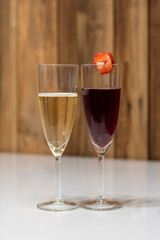 Close up shot of two champagne glasses 