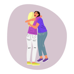 Friends hugging happy, friendship with girls. Women standing together, laughing, smiling people, good relationships. Flat vector illustration
