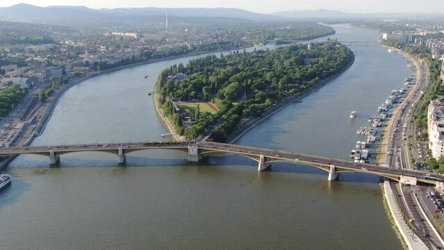 Aerial shot of Margaret island (Margitsziget) and bridge in Budapest, Hungary