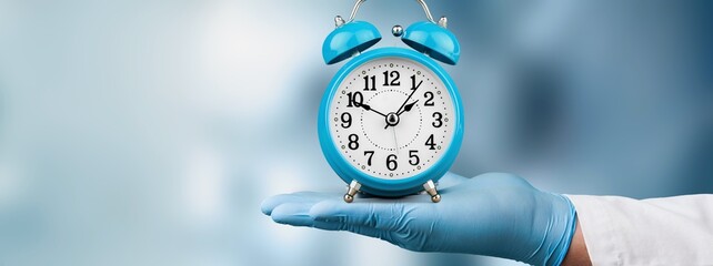 Doctors hands holding alarm clock over blue background. Time is crucial life concept.