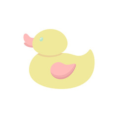 Yellow rubber duck for a bathtub. Baby toy. Simple cute flat icon. Cartoon element for design of children's goods, clothes, books, stickers. Item for toddlers.