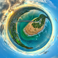Tiny planet image of the mouth of the Barwon River at Barwon Heads, Victoria, Australia. May 2022