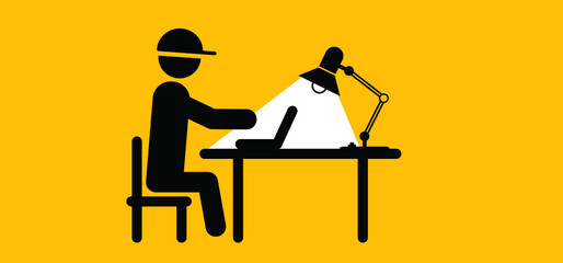 Cartoon stickman, stick figure with table, laptop and office desktop lamp. Deadline loading symbol. People are working to works at home workplace and lightbulb. Office worker and computer.