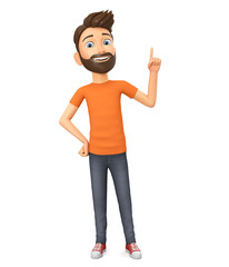 Cartoon character guy points his finger up. 3d render illustration.