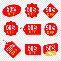 Tags set with 50 percentage discount offer.  Vector promotion red labels