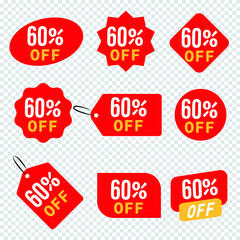 Tags set with 60 percentage discount offer.  Vector promotion red labels