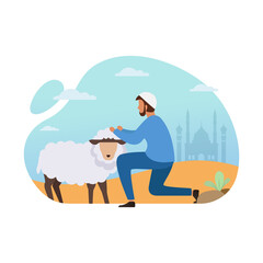 Cute eid al-adha background illustration with man holding sheep