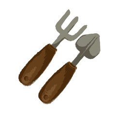 vector garden tool, rake and shovel, small vegetable garden tools, planting plants and seedlings, summer harvest season