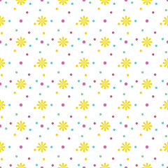 Flowers and colorful polka dots seamless pattern on a white paper