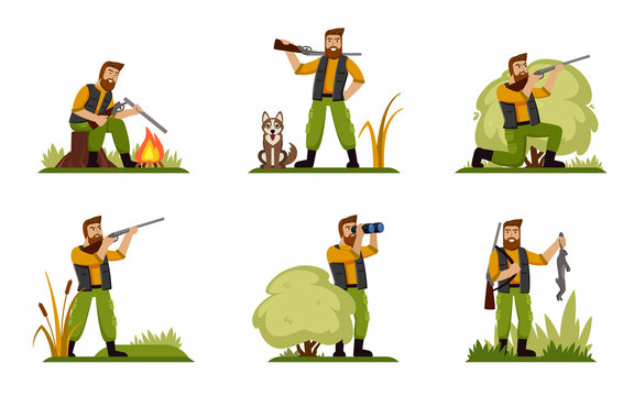 hunters. man with gun hunting to duck shutting with weapon. vector characters in action poses