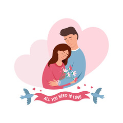Loving couple with a gift and birds with a ribbon. Woman and man cuddling against the background of hearts. Romantic feelings concept. St Valentine's Day card. Vector illustration in flat style.